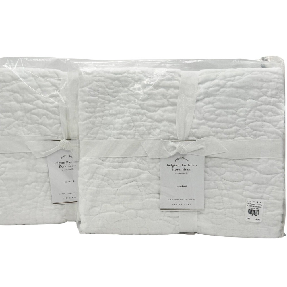 Pottery Barn Belgian Flax Linen Floral Sham Set of 2 Standard White NEW Quilted